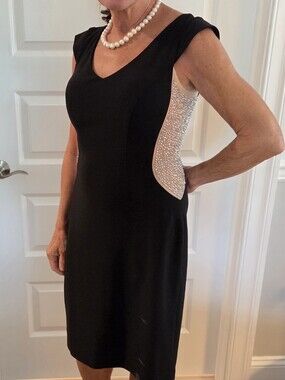Joseph Ribkoff Black V-Neck Dress with Crystal-Embellished Side Panels